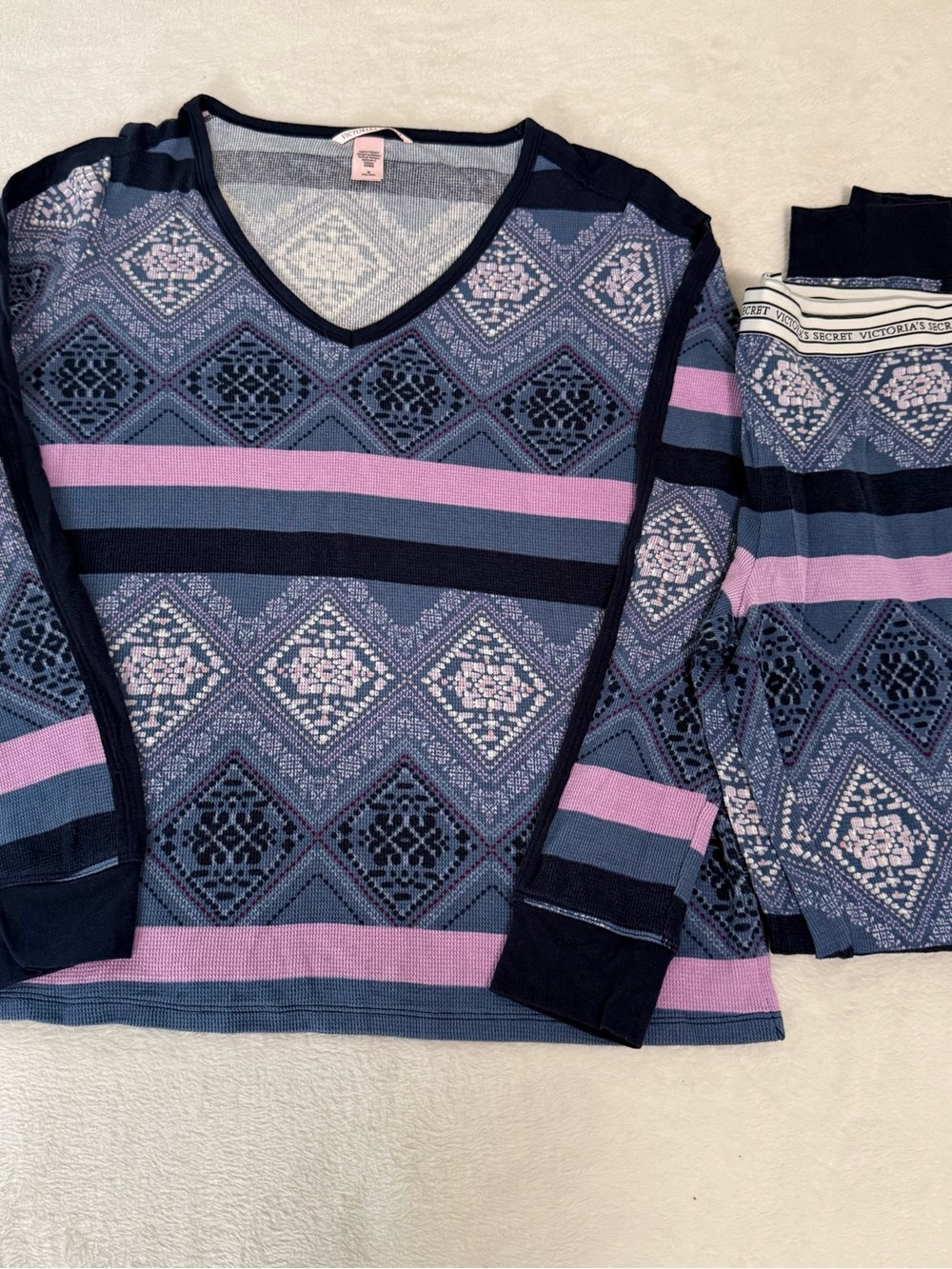 Victoria’s Secret Pajama Set Women M Thermal Waffle Knit Blue Pink Fair Isle